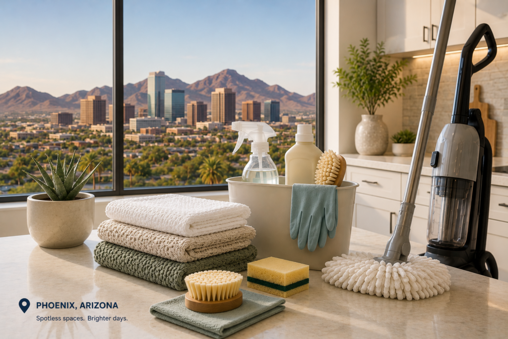 Professional cleaning supplies and vacuum cleaner in a modern Phoenix, Arizona apartment with mountain skyline view