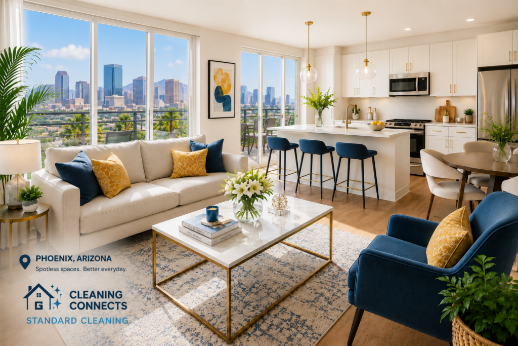Bright modern apartment living room and kitchen in Phoenix, Arizona prepared for professional standard cleaning services