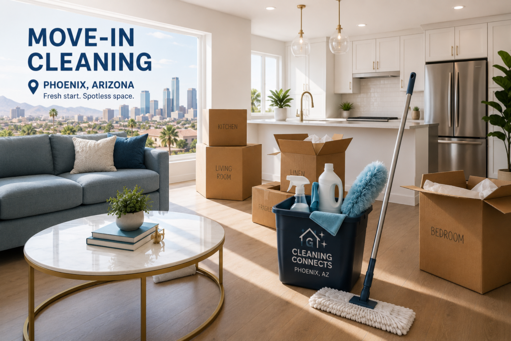 Move-in cleaning service in Phoenix, Arizona with unpacking boxes and professional cleaning supplies in a modern apartment