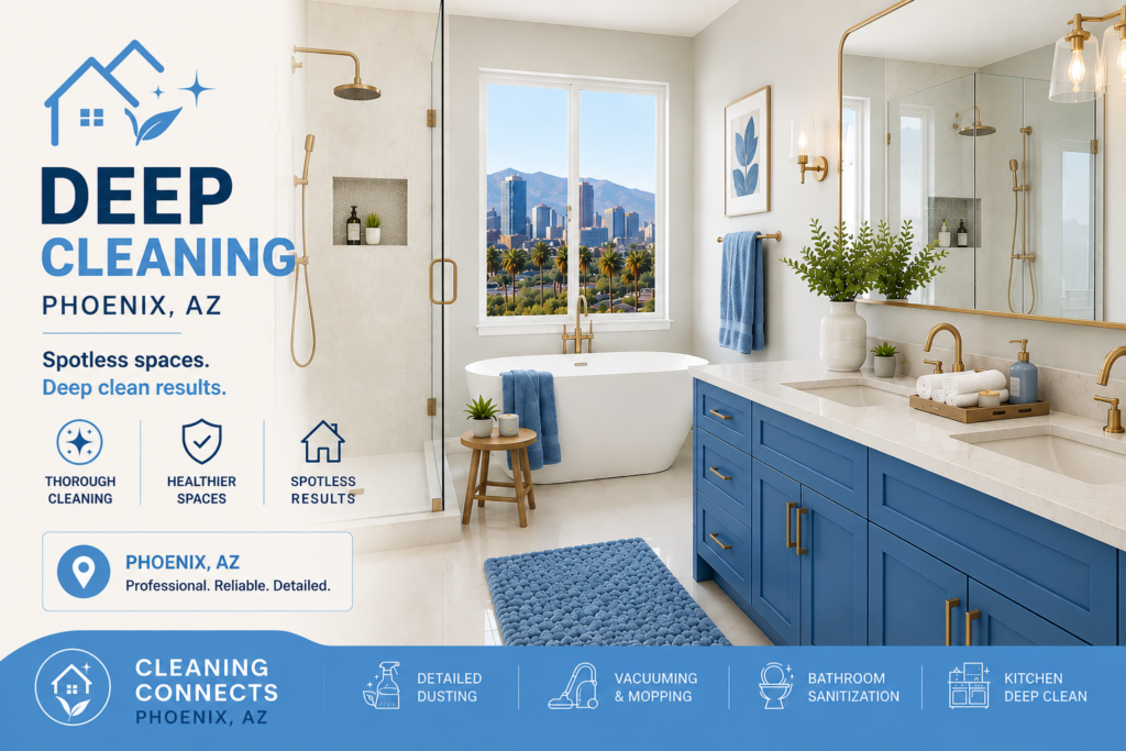 Deep cleaning service in Phoenix, Arizona featuring a spotless modern bathroom with sanitized surfaces and professional cleaning results
